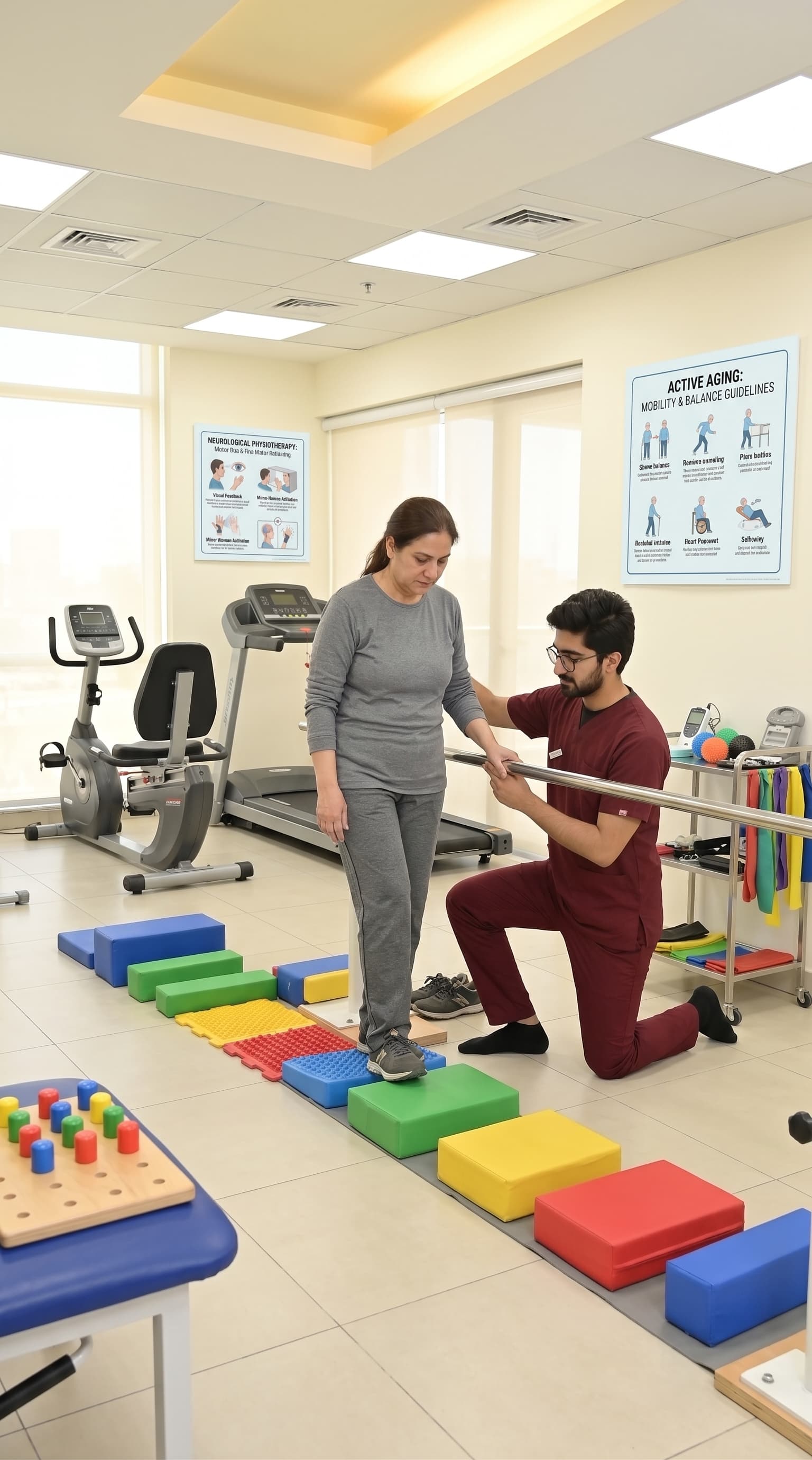 Older adult practising mobility with a physiotherapist